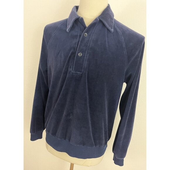 Vintage Sears Sportswear Men's L Blue Velour Pullover Top Collar Button - Picture 4 of 6